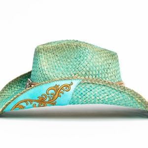 Western Cowboy Woman’s Hat Leather Straw Turquoise